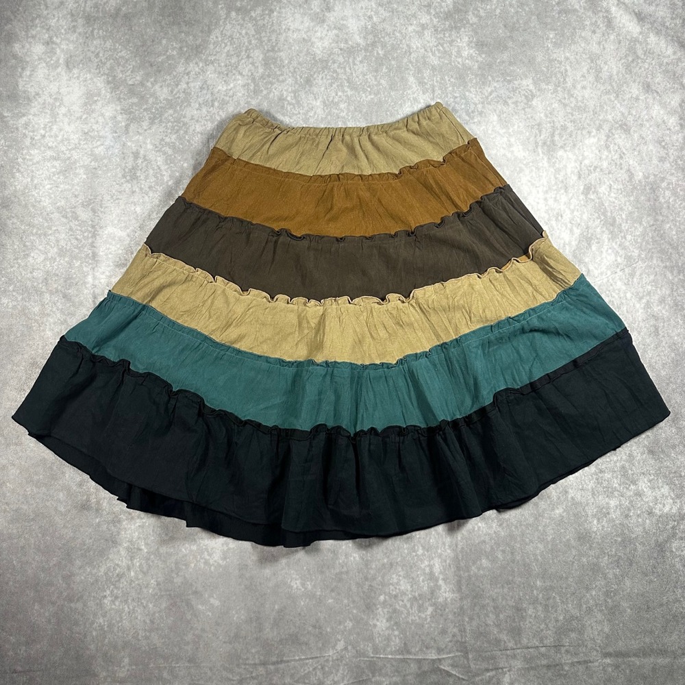 Tiered Boho Midi Skirt Earthy Multi Color Block Elastic Waist Sz M Earthy Gypsy